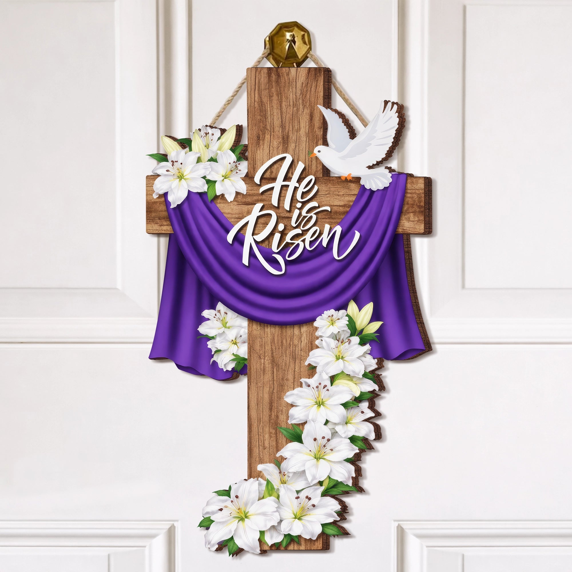 He Is Risen Wooden Cross Lily Door Hanger
