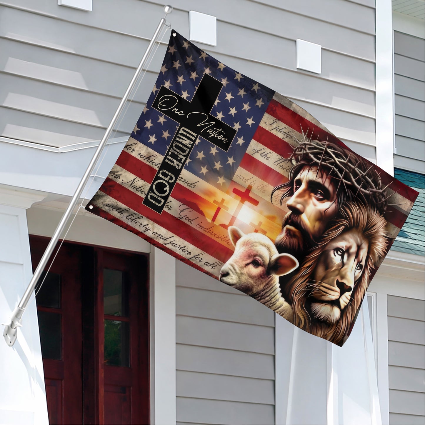 One Nation Under God Jesus Lion Lamb Christian Flag
