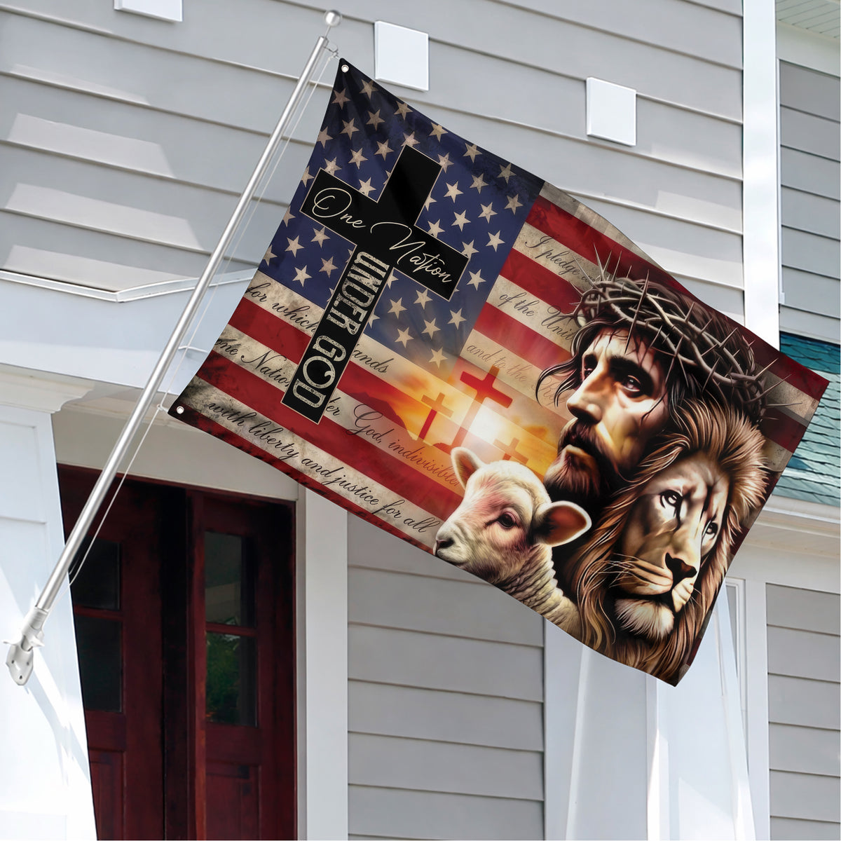 One Nation Under God Jesus Lion Lamb Christian Flag