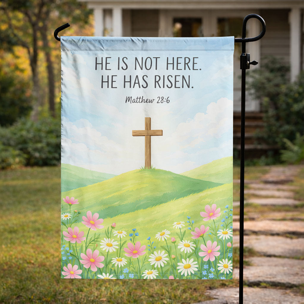 "He is Risen" Easter Cross Garden Flag – Matthew 28:6 Design