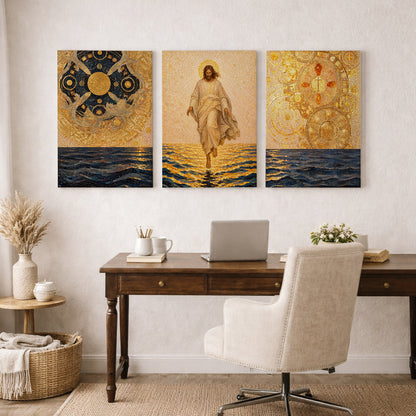 Jesus Walking on Water 3 Panel Wall Art Canvas/Poster – Golden Mosaic Jesus Christ Christian Home Decor
