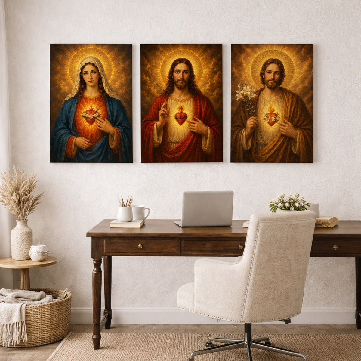 Holy Family Sacred Hearts 3 Panel Wall Art Canvas/Poster – Jesus, Virgin Mary & St. Joseph Catholic Christian Decor