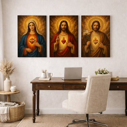 Holy Family Sacred Hearts 3 Panel Wall Art Canvas/Poster – Jesus, Virgin Mary & St. Joseph Catholic Christian Decor