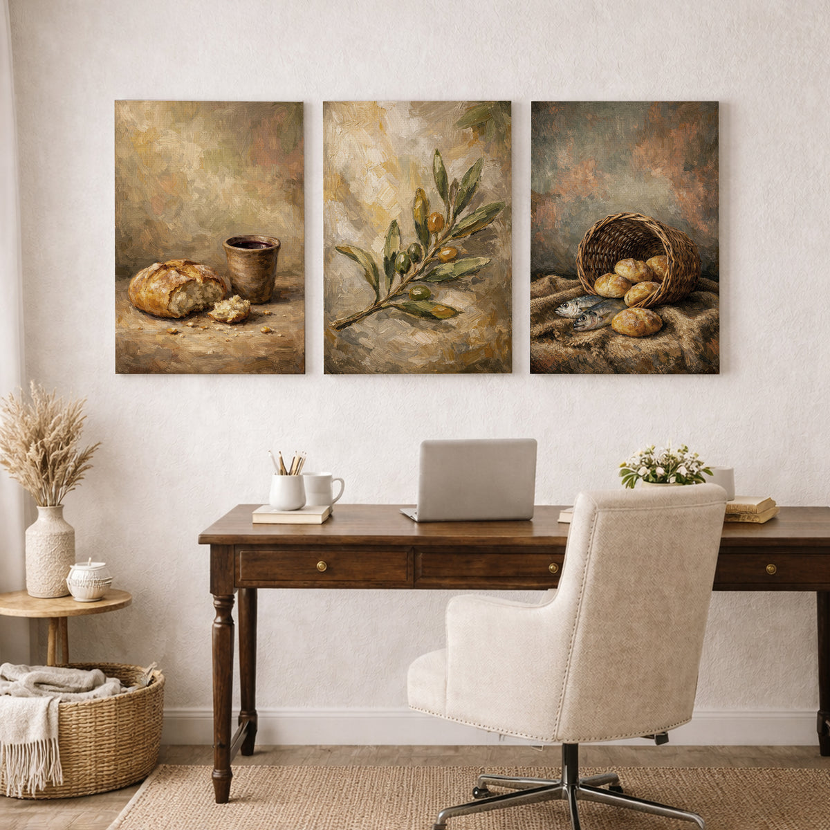 Biblical Bread and Fish Still Life Wall Art Set – Olive Branch Faith Collection - Poster/Canvas