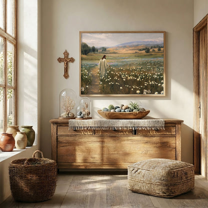 Jesus Walking Through The Lilies Christian Wall Art Poster/Canvas