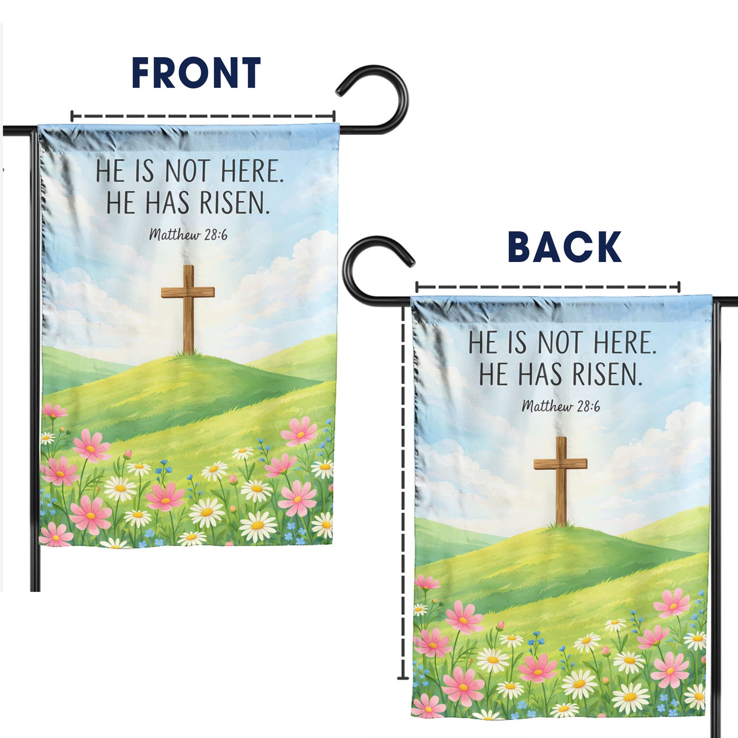 "He is Risen" Easter Cross Garden Flag – Matthew 28:6 Design