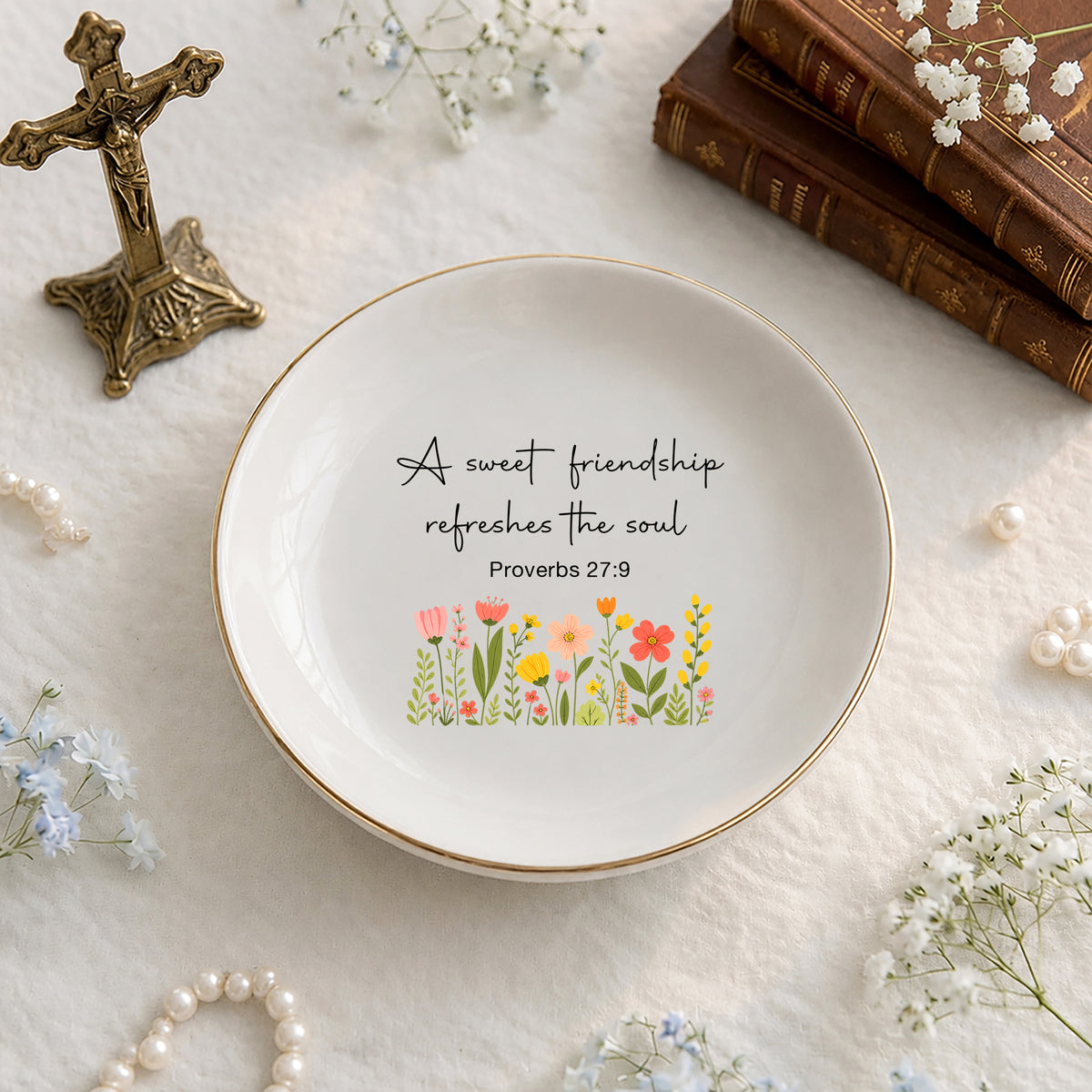Christian Friendship Jewelry Dish – Proverbs 27:9 Scripture Ceramic Ring Tray, Faith Gift for Her