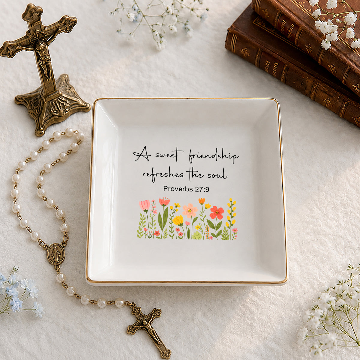 Christian Friendship Jewelry Dish – Proverbs 27:9 Scripture Ceramic Ring Tray, Faith Gift for Her
