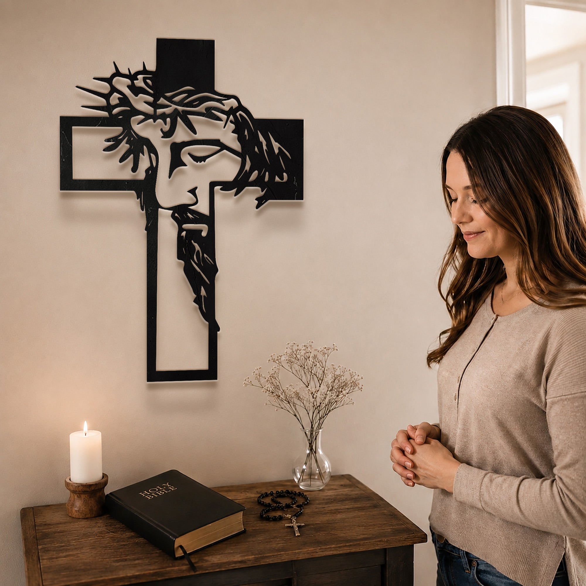 Christ Crowned with Thorns Cross Metal Wall Art for Christian Home Decor