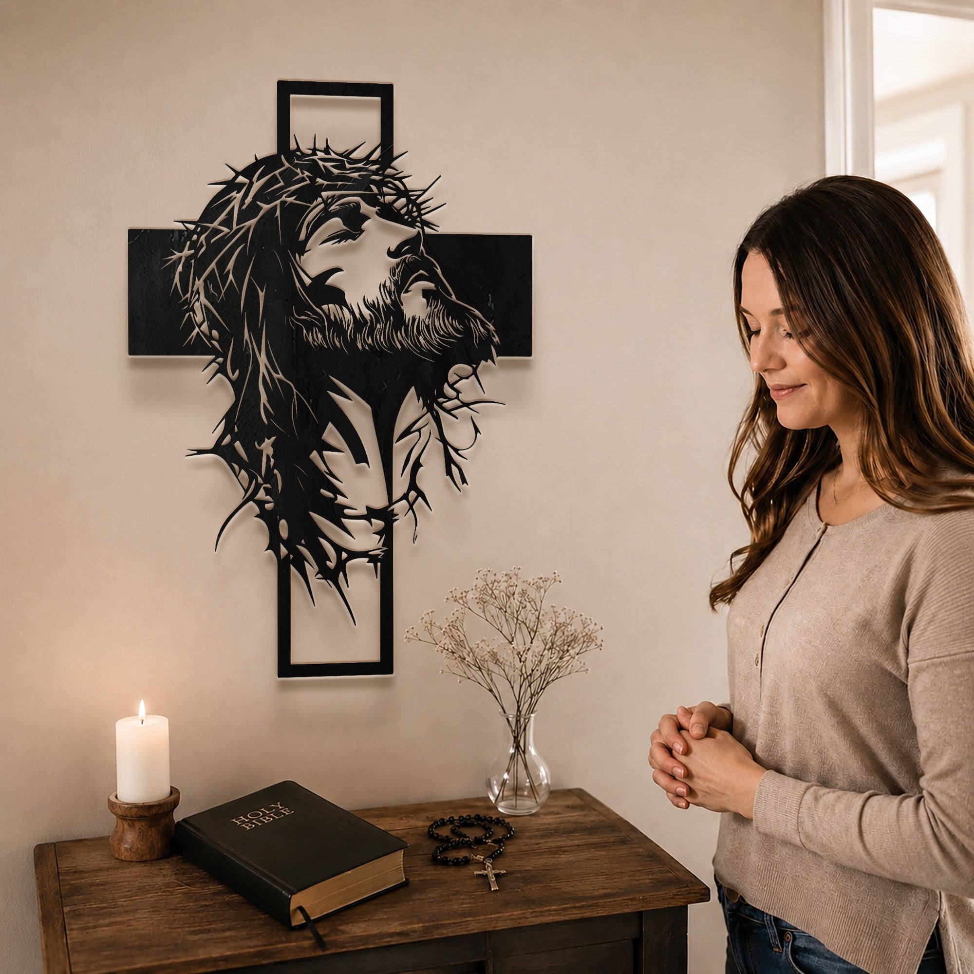 Jesus Crown of Thorns Cross Metal Wall Art for Christian Home Decor