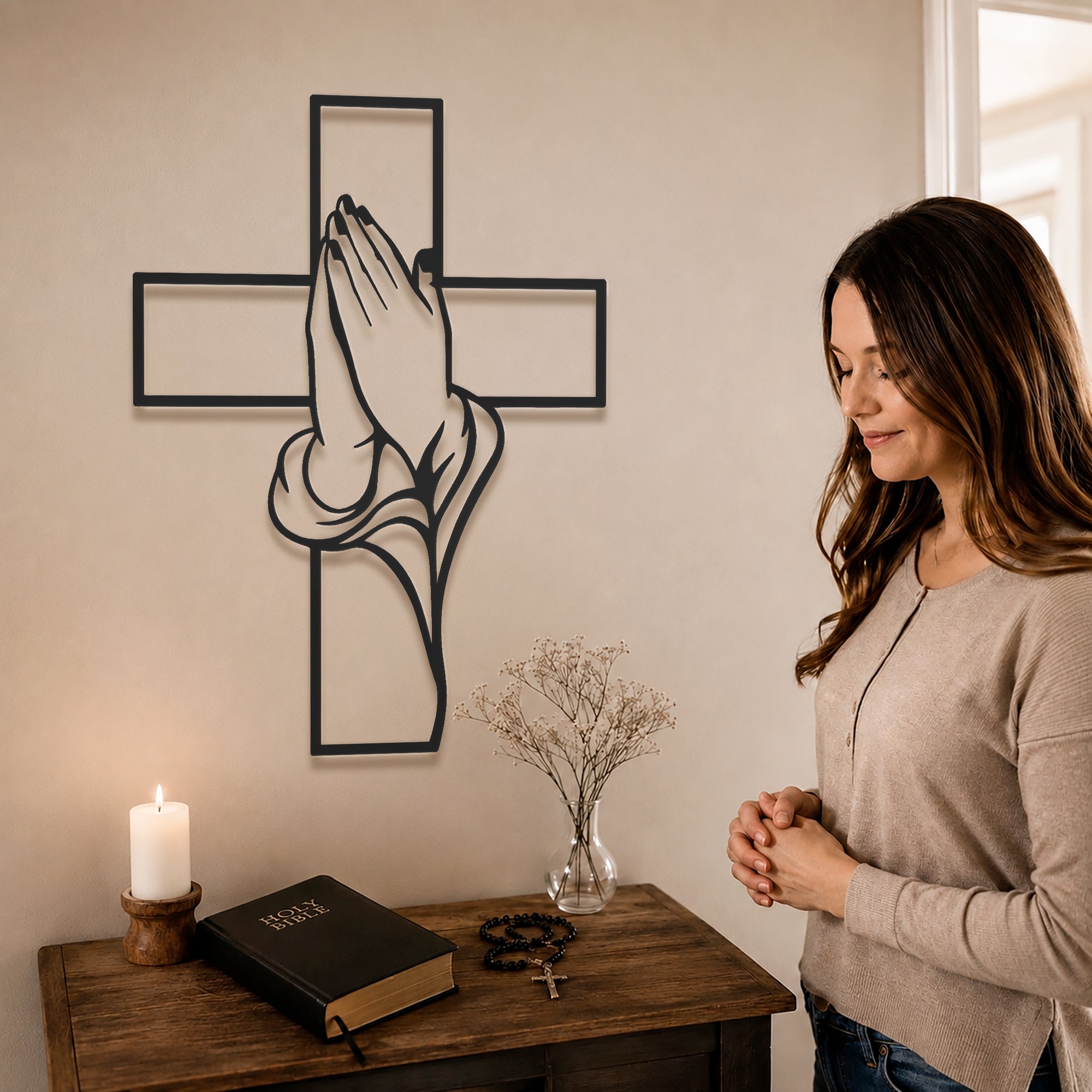 Praying Hands Cross Metal Wall Art for Faith and Home Decor