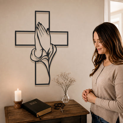 Praying Hands Cross Metal Wall Art for Faith and Home Decor