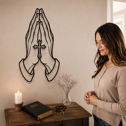 Praying Hands with Cross Metal Wall Art for Faith and Prayer Decor