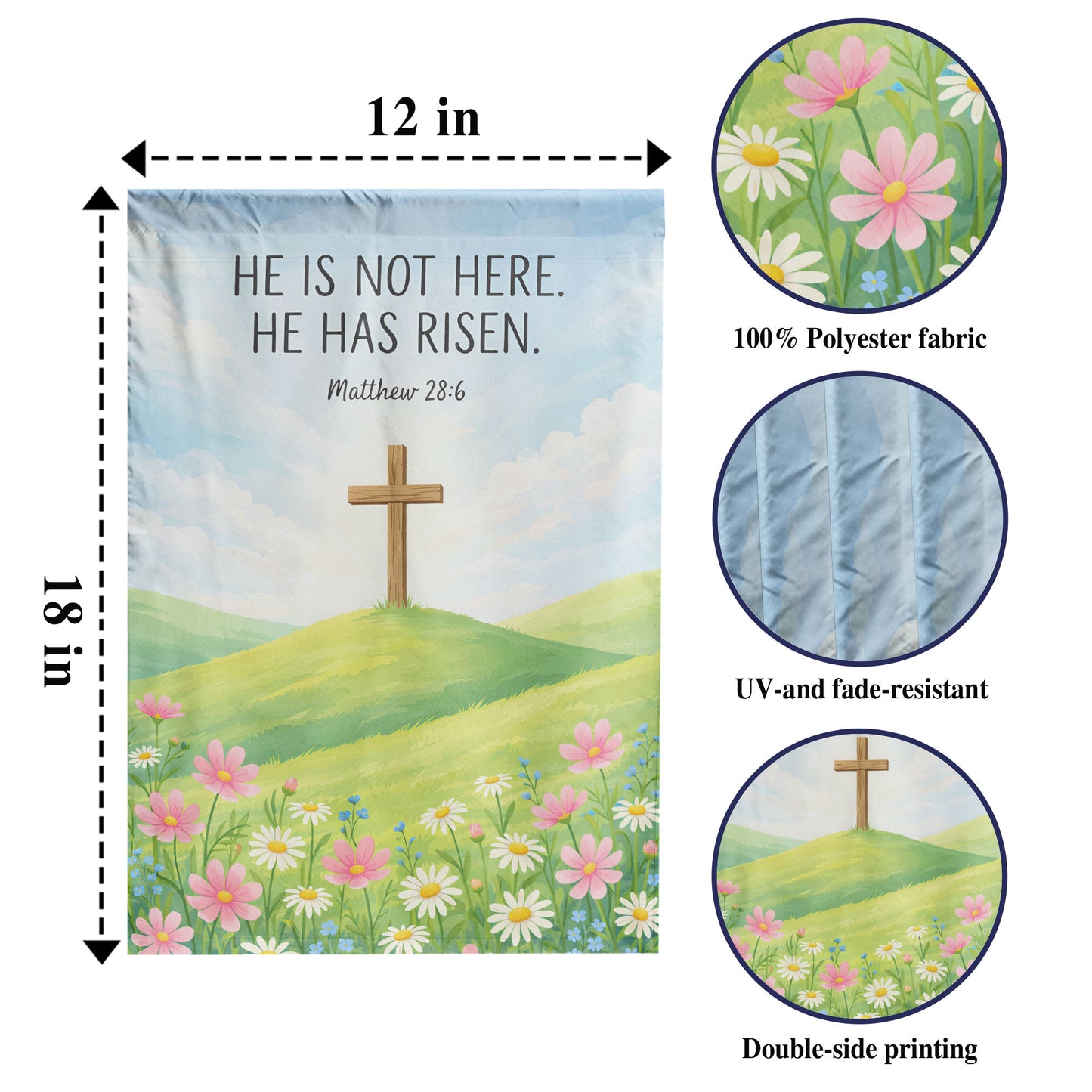 "He is Risen" Easter Cross Garden Flag – Matthew 28:6 Design