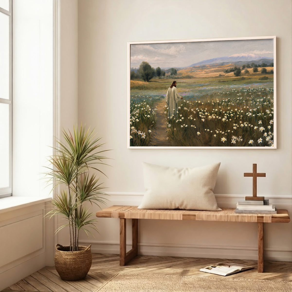 Jesus Walking Through The Lilies Christian Wall Art Poster/Canvas