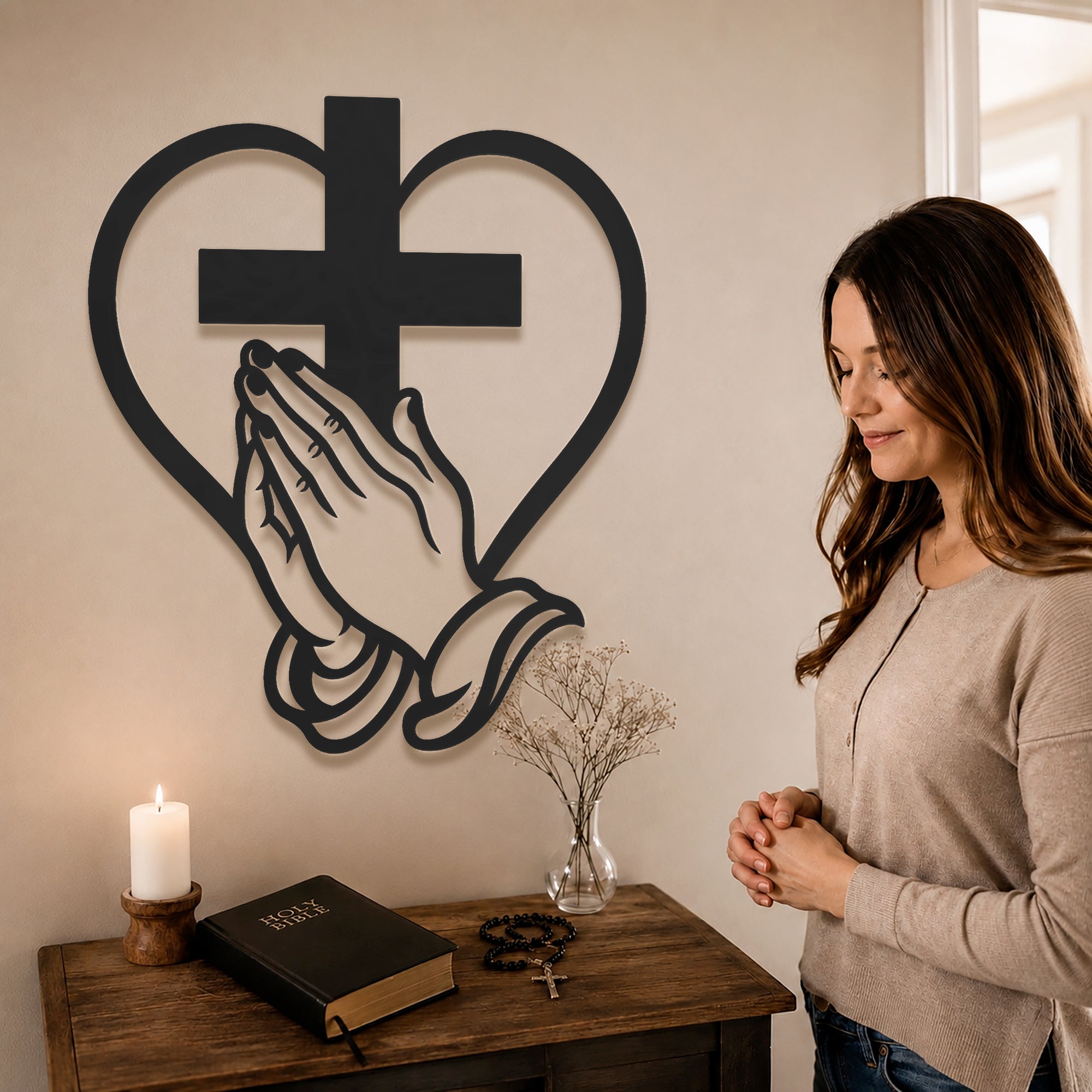 Cross Heart Praying Hands Metal Wall Decor