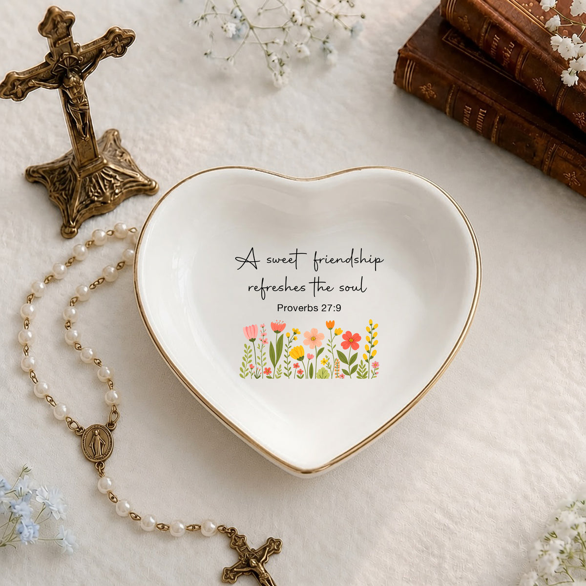 Christian Friendship Jewelry Dish – Proverbs 27:9 Scripture Ceramic Ring Tray, Faith Gift for Her