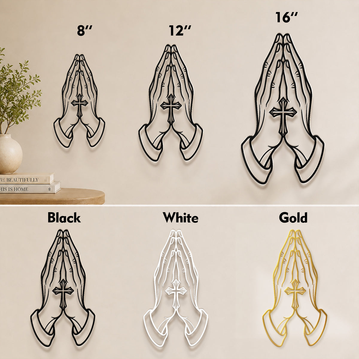 Praying Hands with Cross Metal Wall Art for Faith and Prayer Decor