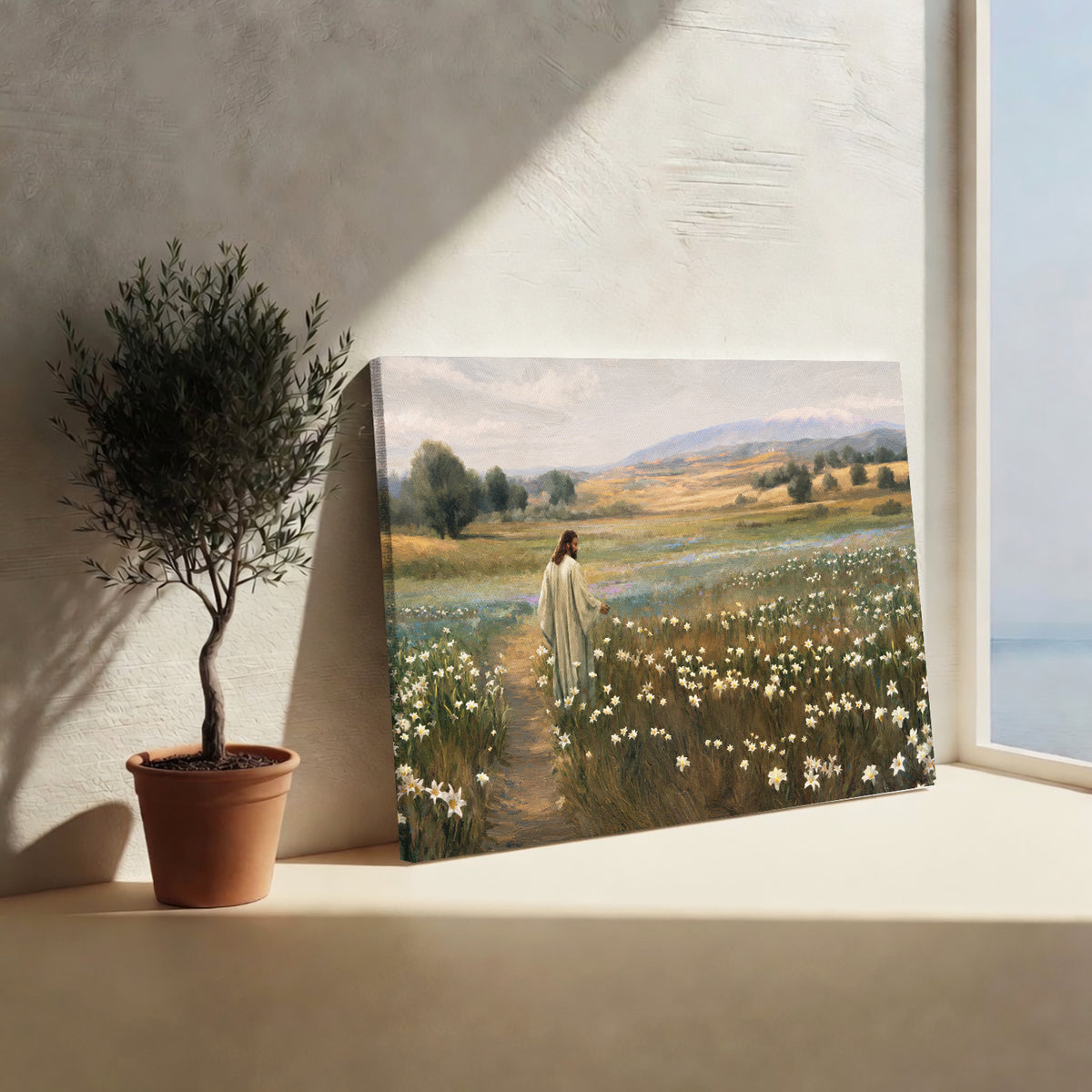 Jesus Walking Through The Lilies Christian Wall Art Poster/Canvas