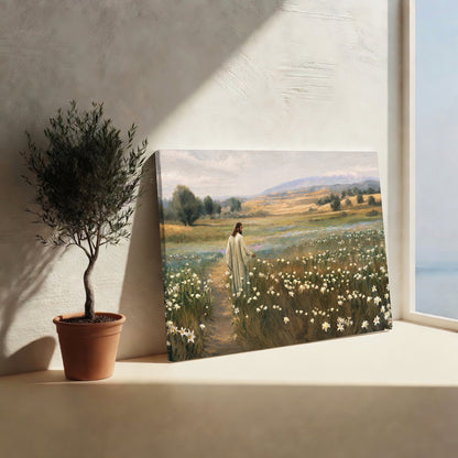 Jesus Walking Through The Lilies Christian Wall Art Poster/Canvas