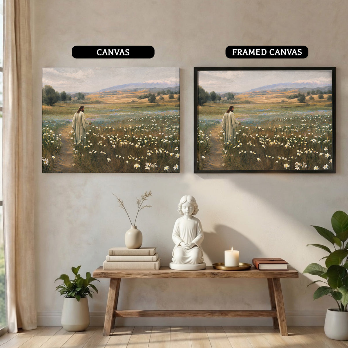 Jesus Walking Through The Lilies Christian Wall Art Poster/Canvas