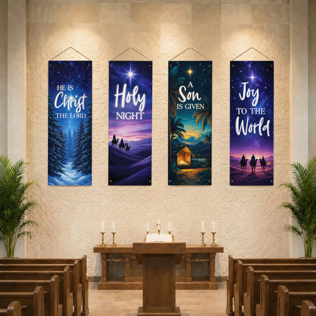 Holy Night & Joy to the World Christmas Banner Set – Christian Nativity Hanging Decor