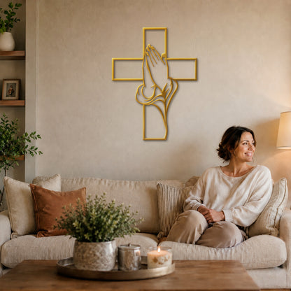 Praying Hands Cross Metal Wall Art for Faith and Home Decor