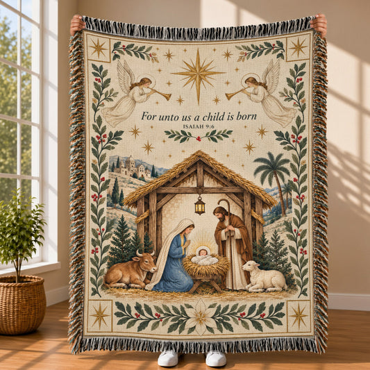 Vintage Nativity Scene Christmas – For Unto Us a Child Is Born Isaiah 9:6 – Christian Woven Blanket