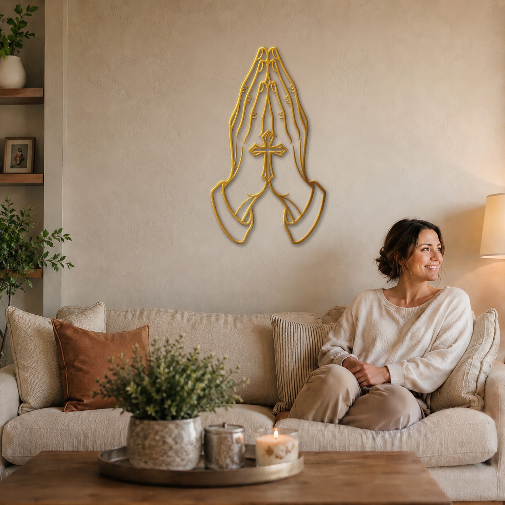Praying Hands with Cross Metal Wall Art for Faith and Prayer Decor