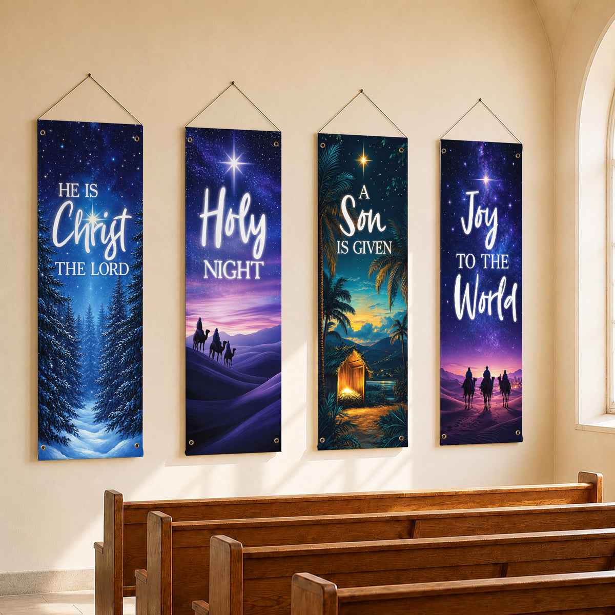 Holy Night & Joy to the World Christmas Banner Set – Christian Nativity Hanging Decor