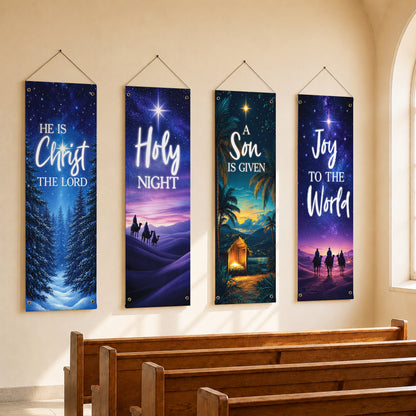 Holy Night & Joy to the World Christmas Banner Set – Christian Nativity Hanging Decor