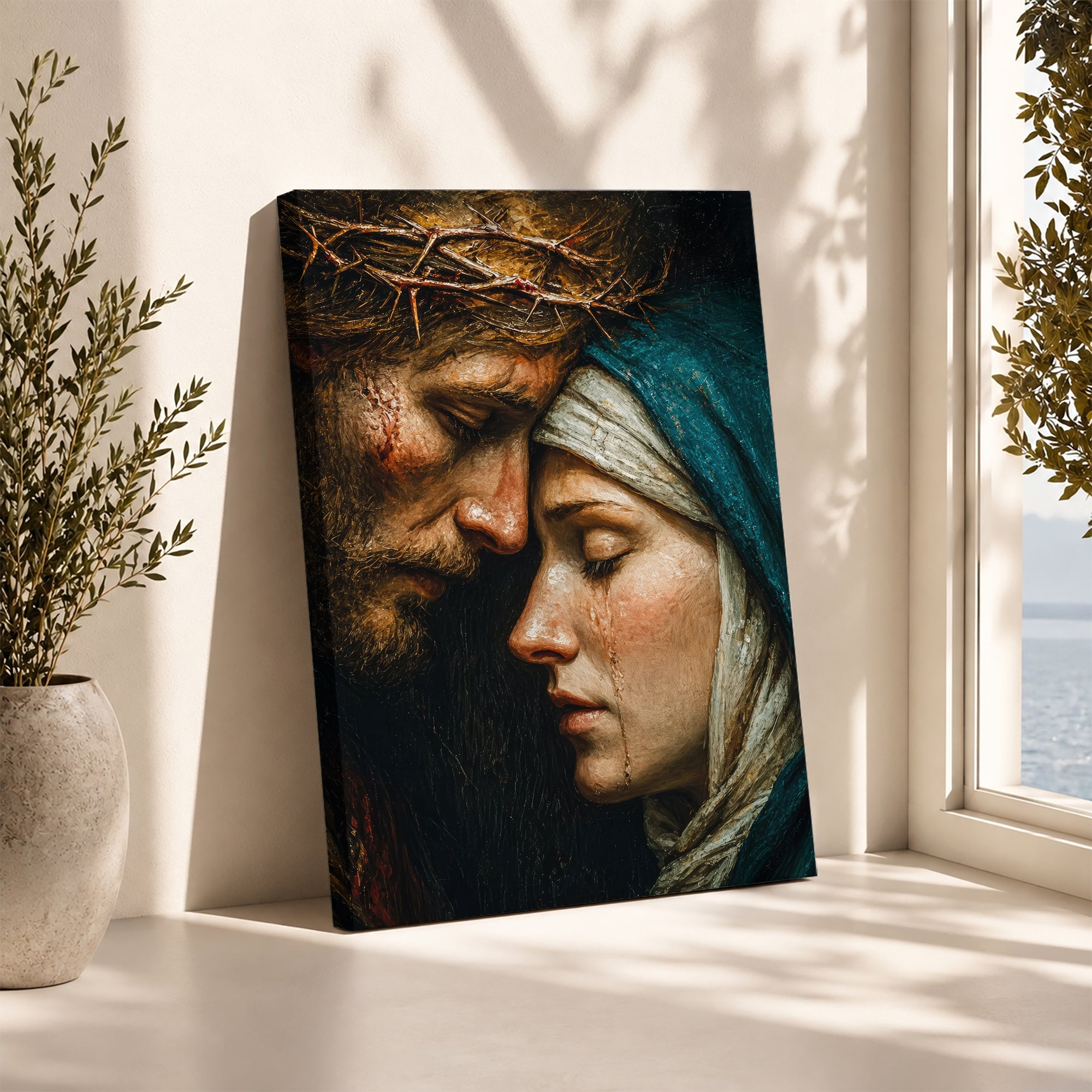 Jesus & Mary Sacred Sorrow Wall Art – Crown of Thorns Christian Poster/Canvas