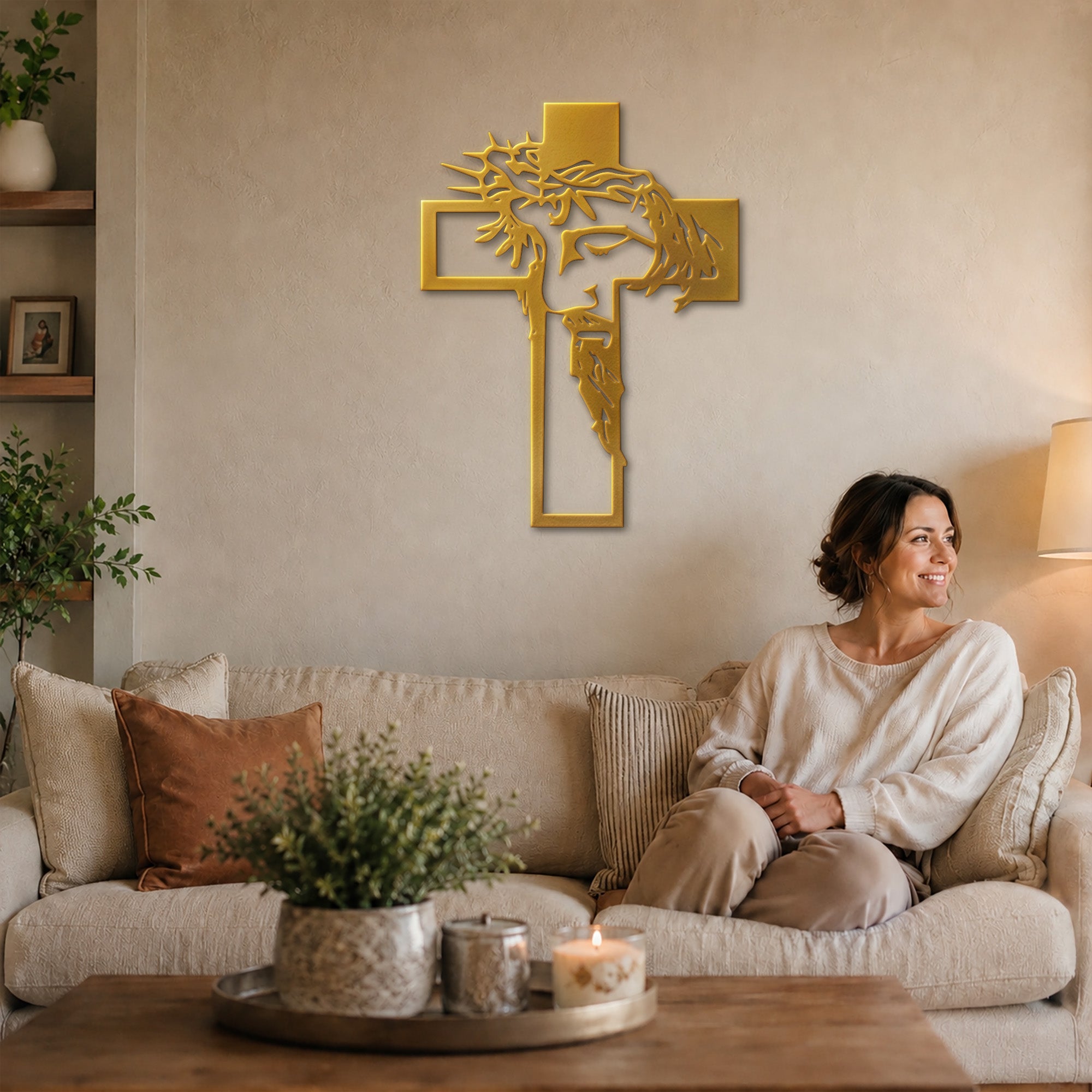 Christ Crowned with Thorns Cross Metal Wall Art for Christian Home Decor