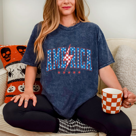 "America Lightning Bolt" Unisex Vintage Washed Cotton T-Shirt | Stars & Stripes Patriotic Tee | Faith Guided Life Apparel