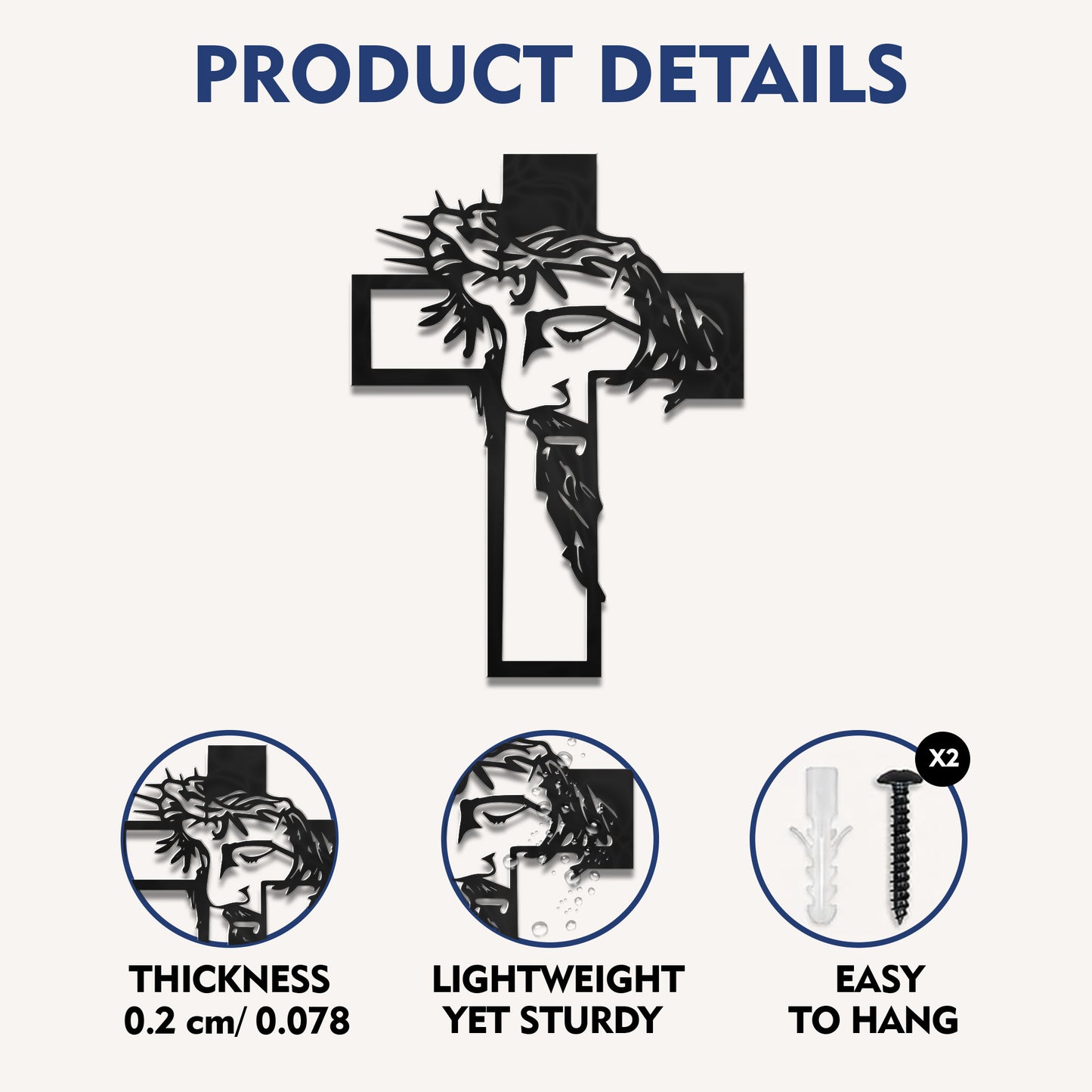 Christ Crowned with Thorns Cross Metal Wall Art for Christian Home Decor
