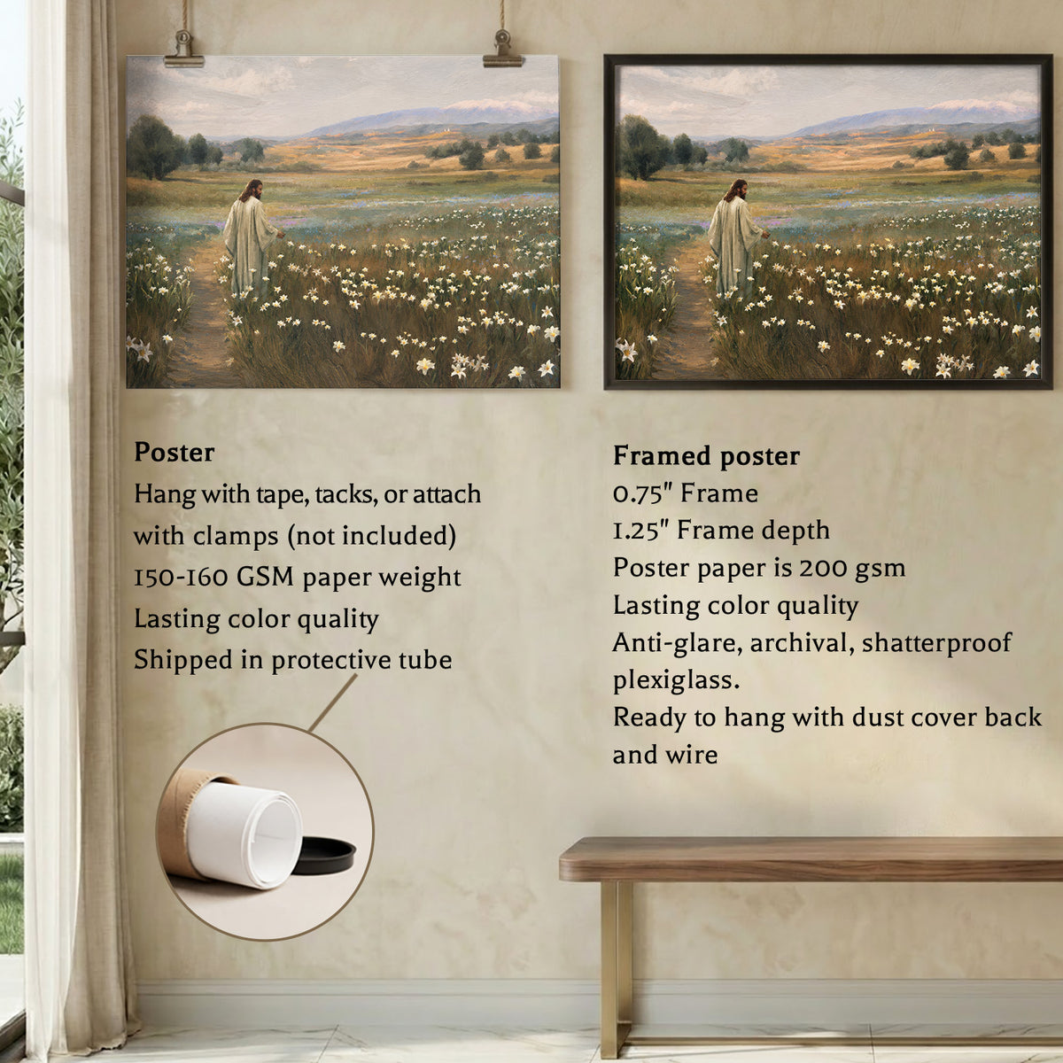Jesus Walking Through The Lilies Christian Wall Art Poster/Canvas