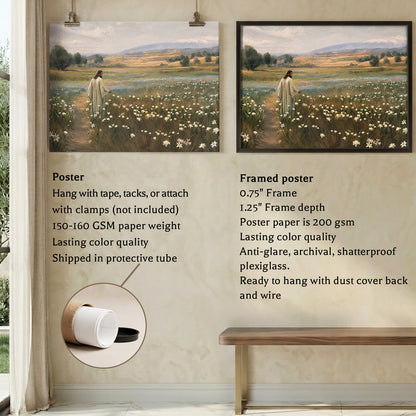 Jesus Walking Through The Lilies Christian Wall Art Poster/Canvas