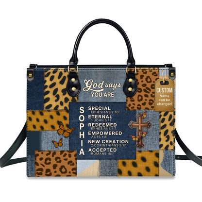 God Says You Are Special Eternal Redeemed Empowered New Creation Accepted Personalized Leather Handbag