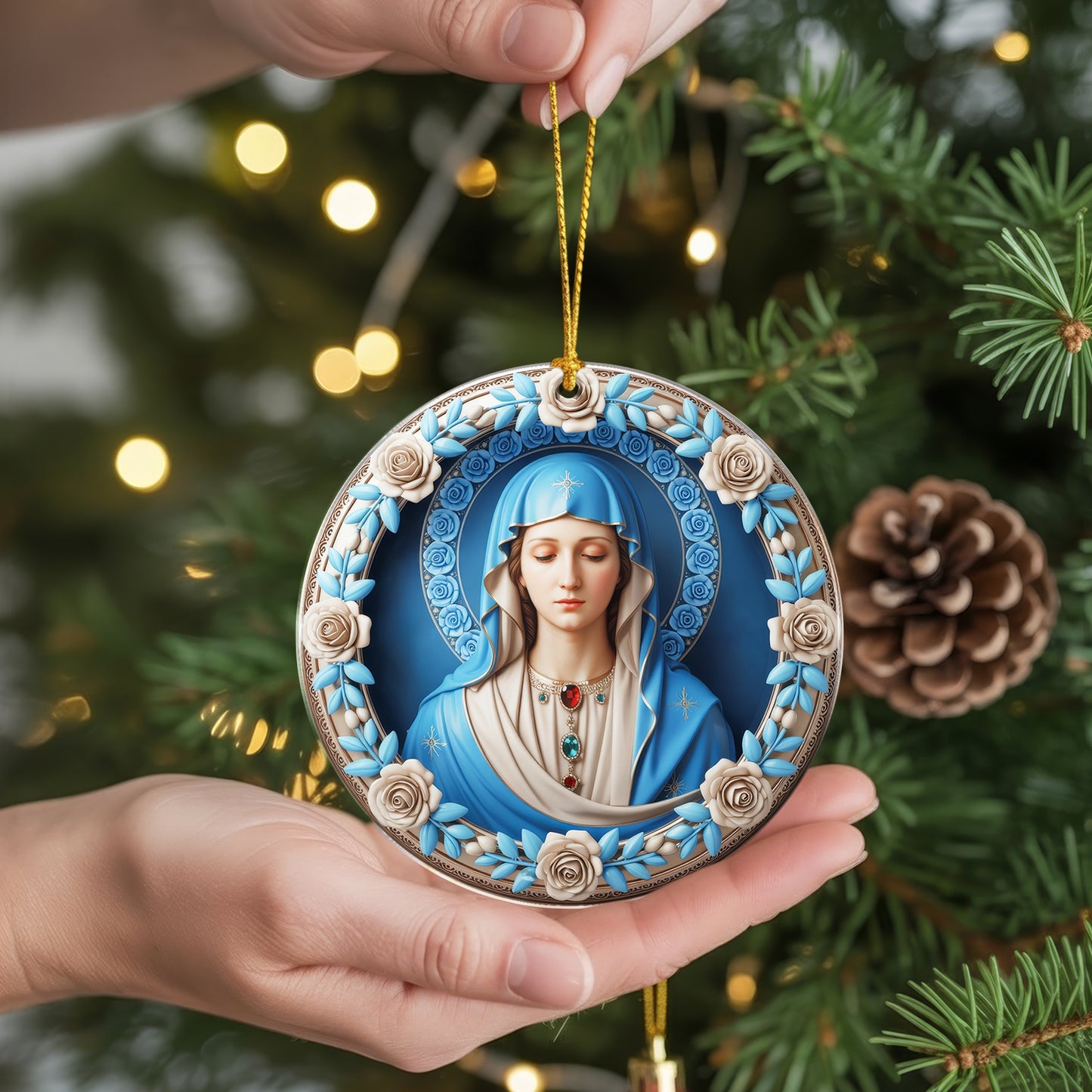 Blessed Mother Mary Christmas Ornament Two Sided | Our Lady of Grace | Catholic Christian Keepsake Decoration