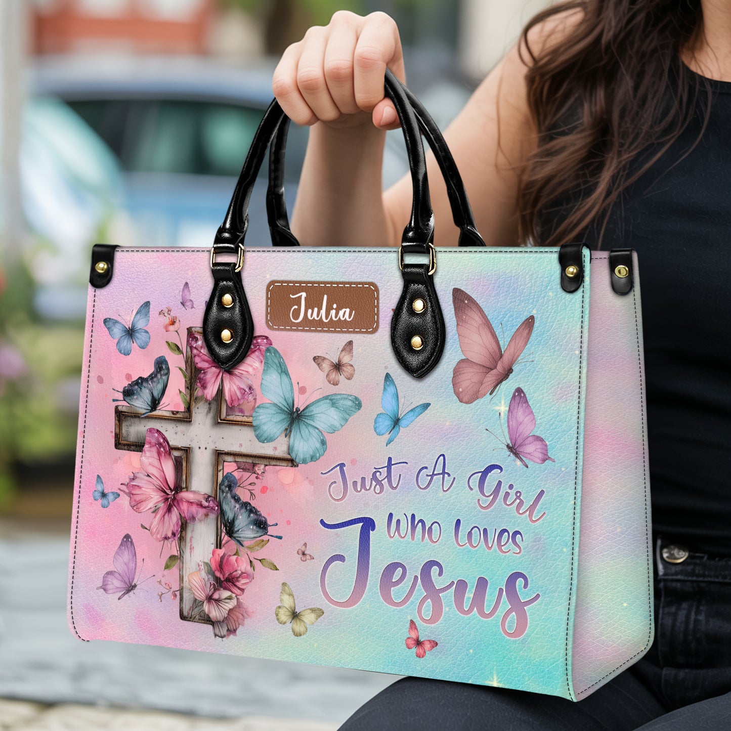 Just A Girl Who Loves Jesus Butterfly Cross Personalized Leather Handbag