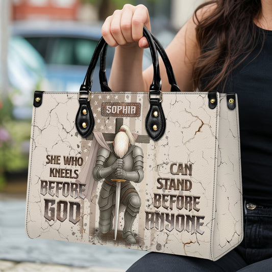 She Who Kneels Before God Can Stand Before Anyone Personalized Leather Handbag