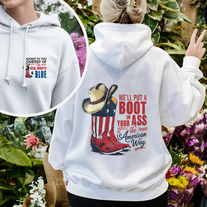 "We'll Put A Boot In Your Ass - It's The American Way" Unisex Patriotic T-Shirt Two Sides | Red White Blue American Pride Tee | Faith Guided Life Apparel