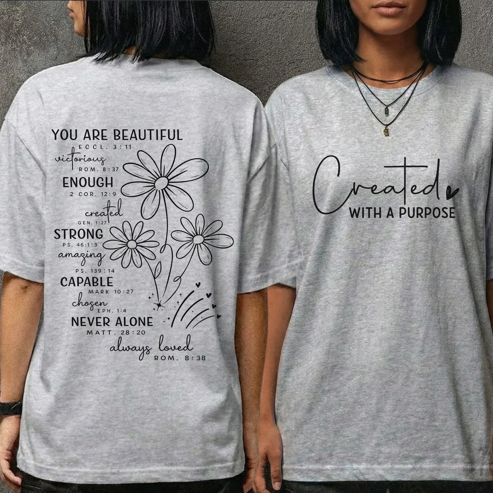 Created With a Purpose Floral Scripture Design – Two Sides – Minimalist Faith – Unisex Tshirt /Hoodie/Sweatshirt - Faith Guided Life