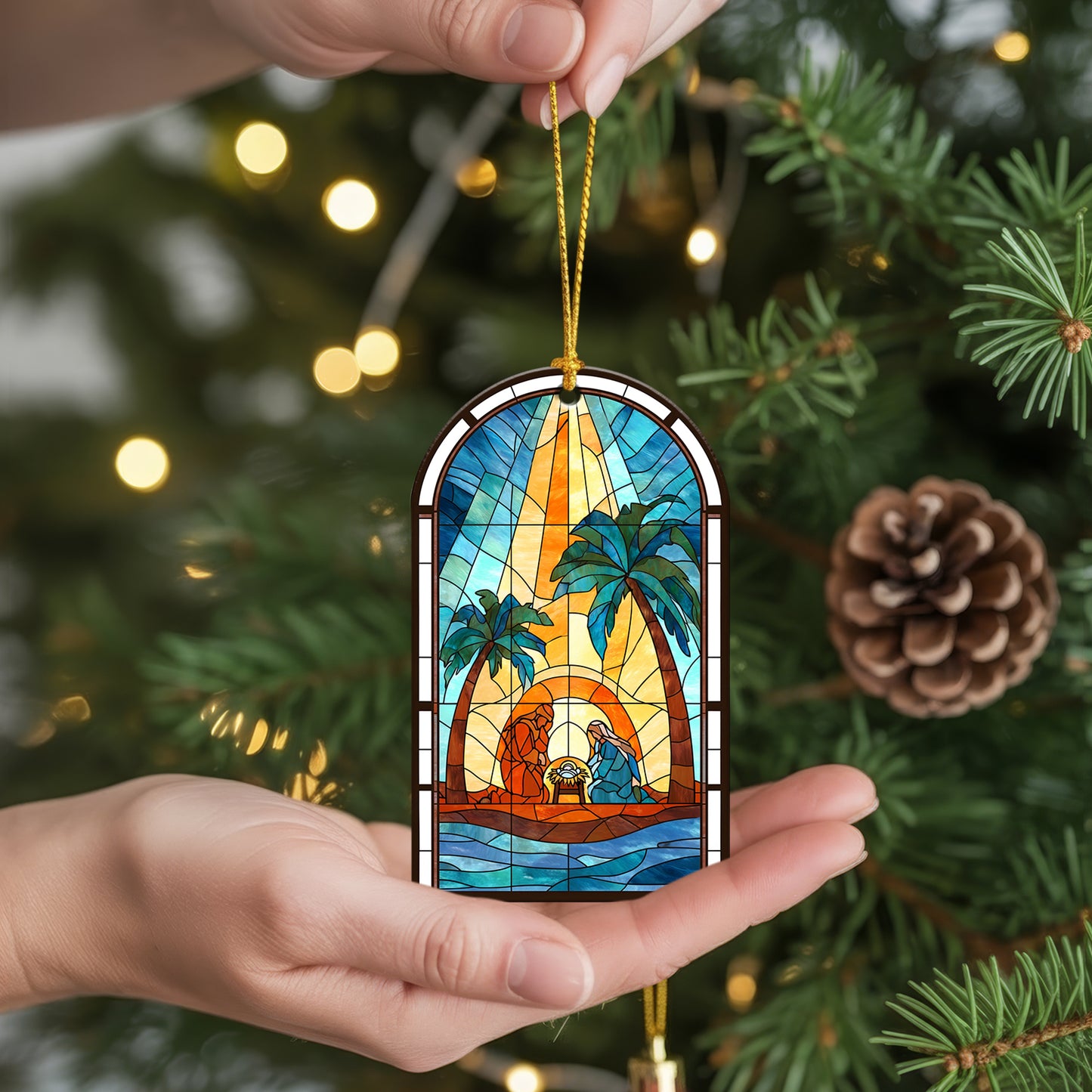 Coastal Nativity Stained Glass Christmas Ornament | Holy Family Palm Tree Scene | Unique Christian Keepsake