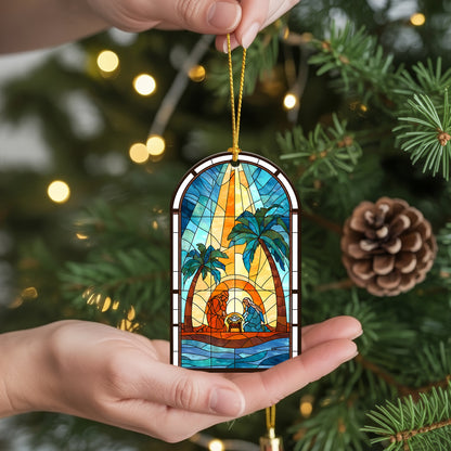 Coastal Nativity Stained Glass Christmas Ornament | Holy Family Palm Tree Scene | Unique Christian Keepsake