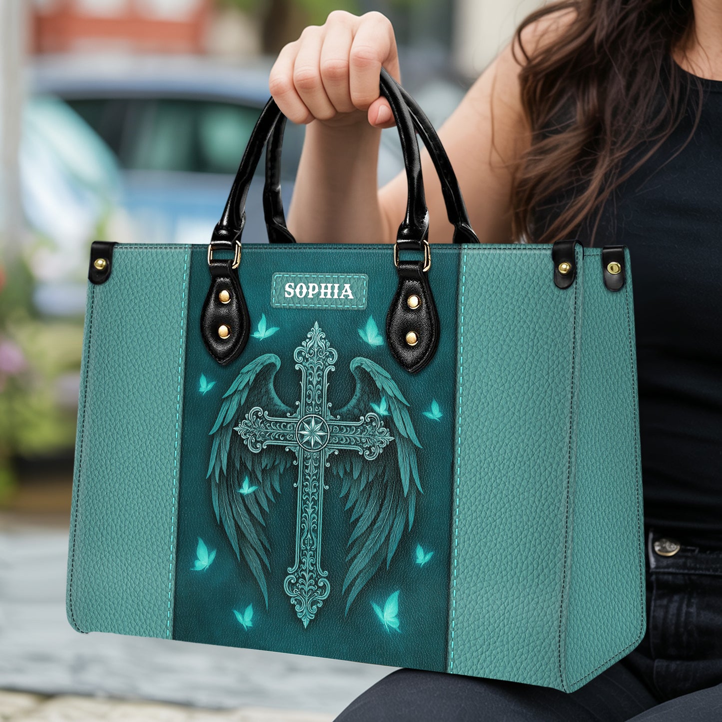 Guardian Angel Wings Cross Personalized Leather Handbag