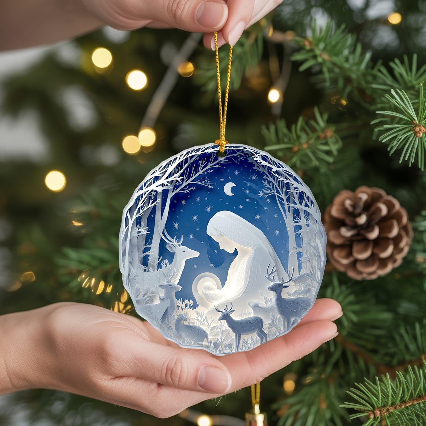 Layered Art Nativity Scene Christmas Ornament | Mary and Jesus in Winter Forest | Christian Keepsake Decoration