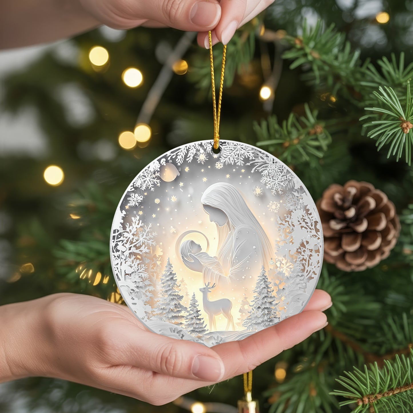 Layered Art Nativity Scene Christmas Ornament | Mary and Jesus in Winter Forest | Christian Keepsake Decoration