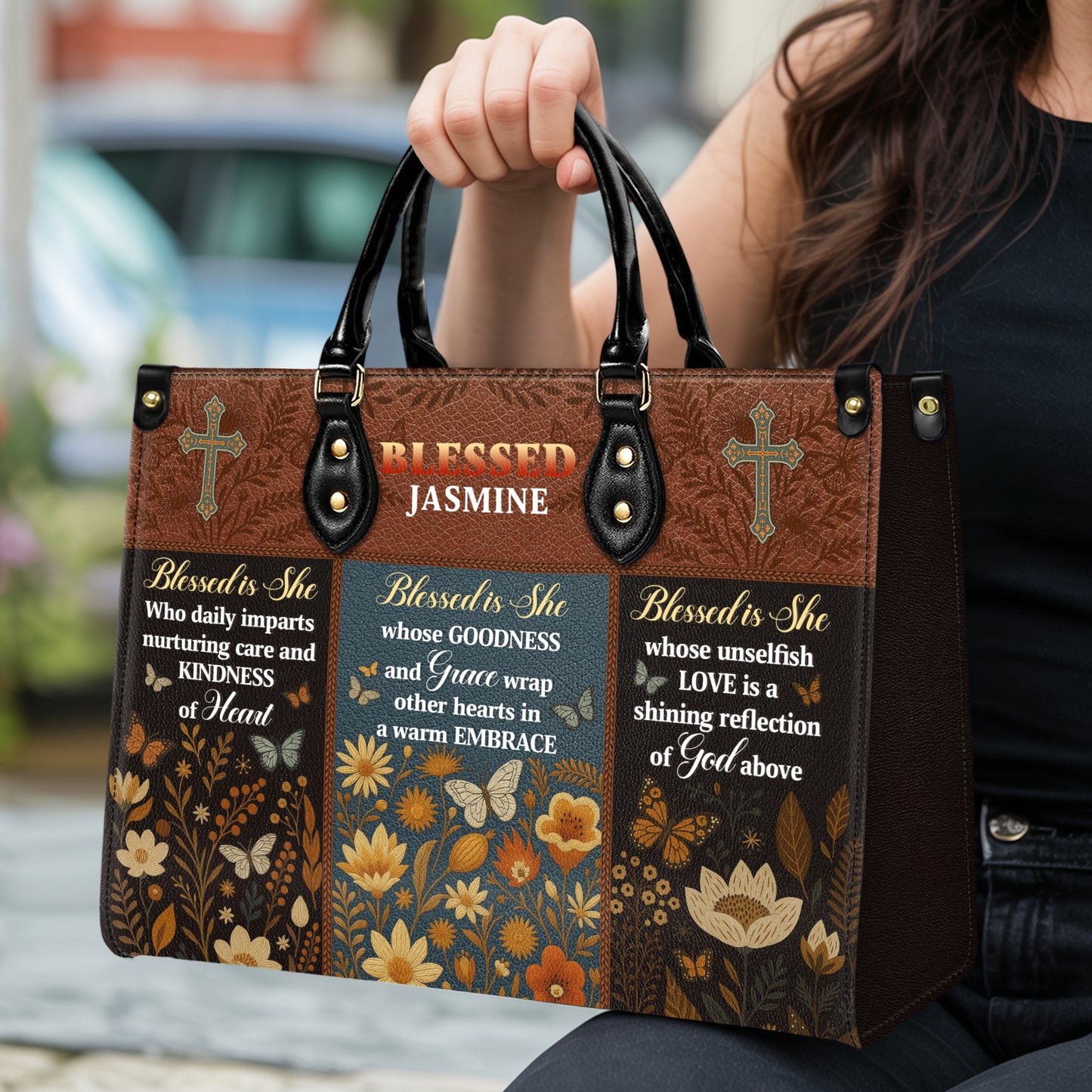 Blessed Is She Kindness Grace Love Personalized Leather Handbag