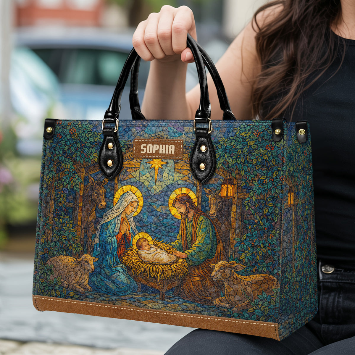 Personalized Stained Glass Nativity Christian Handbag – Twill Faux Leather & PU Leather
